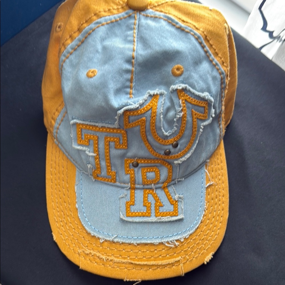 True Religion Blue and Yellow Distressed Cap
